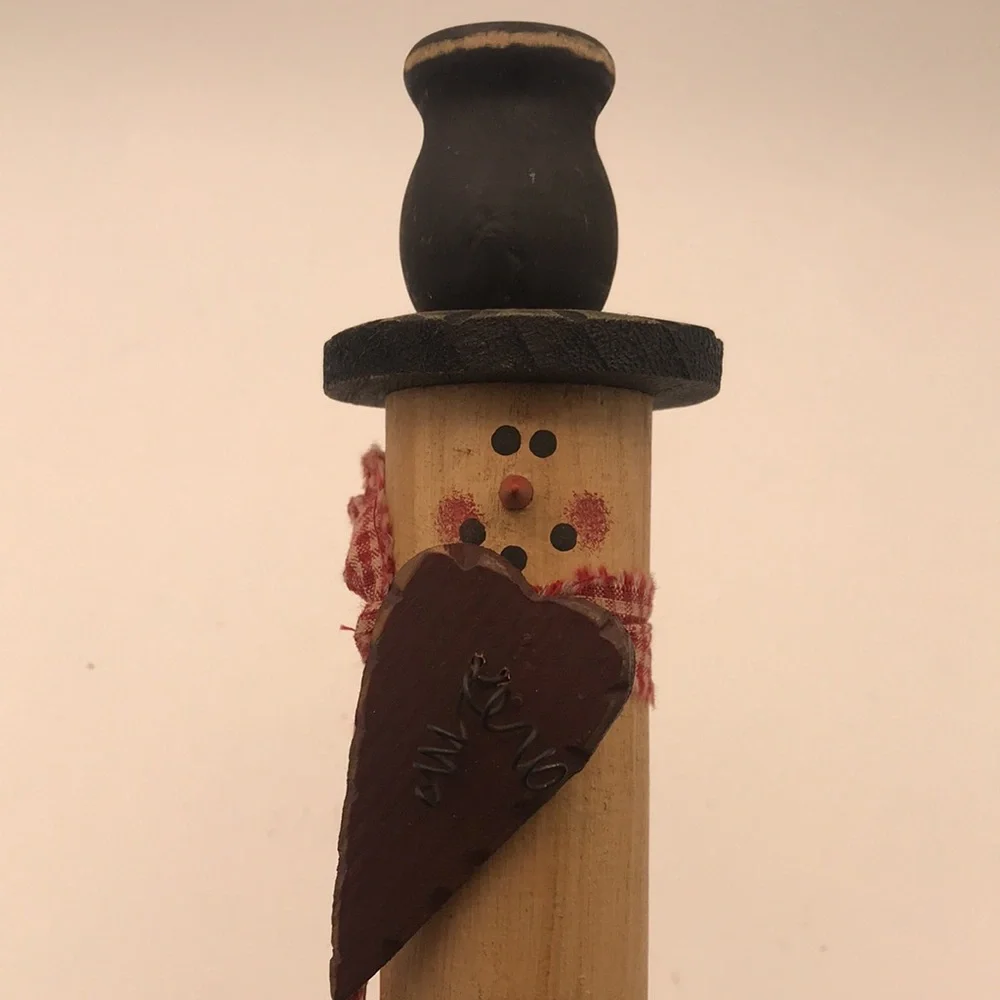 Wood Handcrafted‎ Rustic Folk Art Snowman Candle Holder w/ Heart & Plaid Scarf